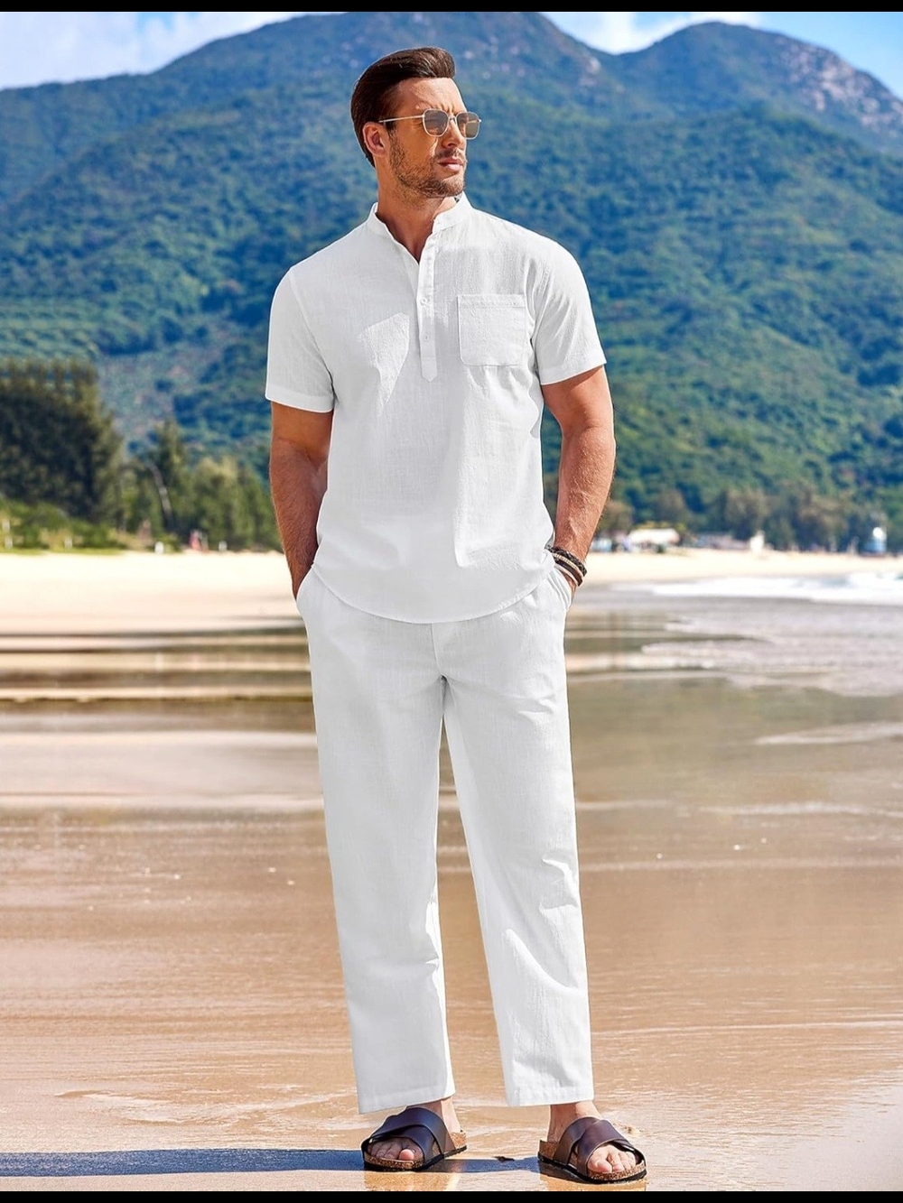 Men's White Linen Blend 2-Piece Matching Set Shirt & Pants Size Small NWT/New
